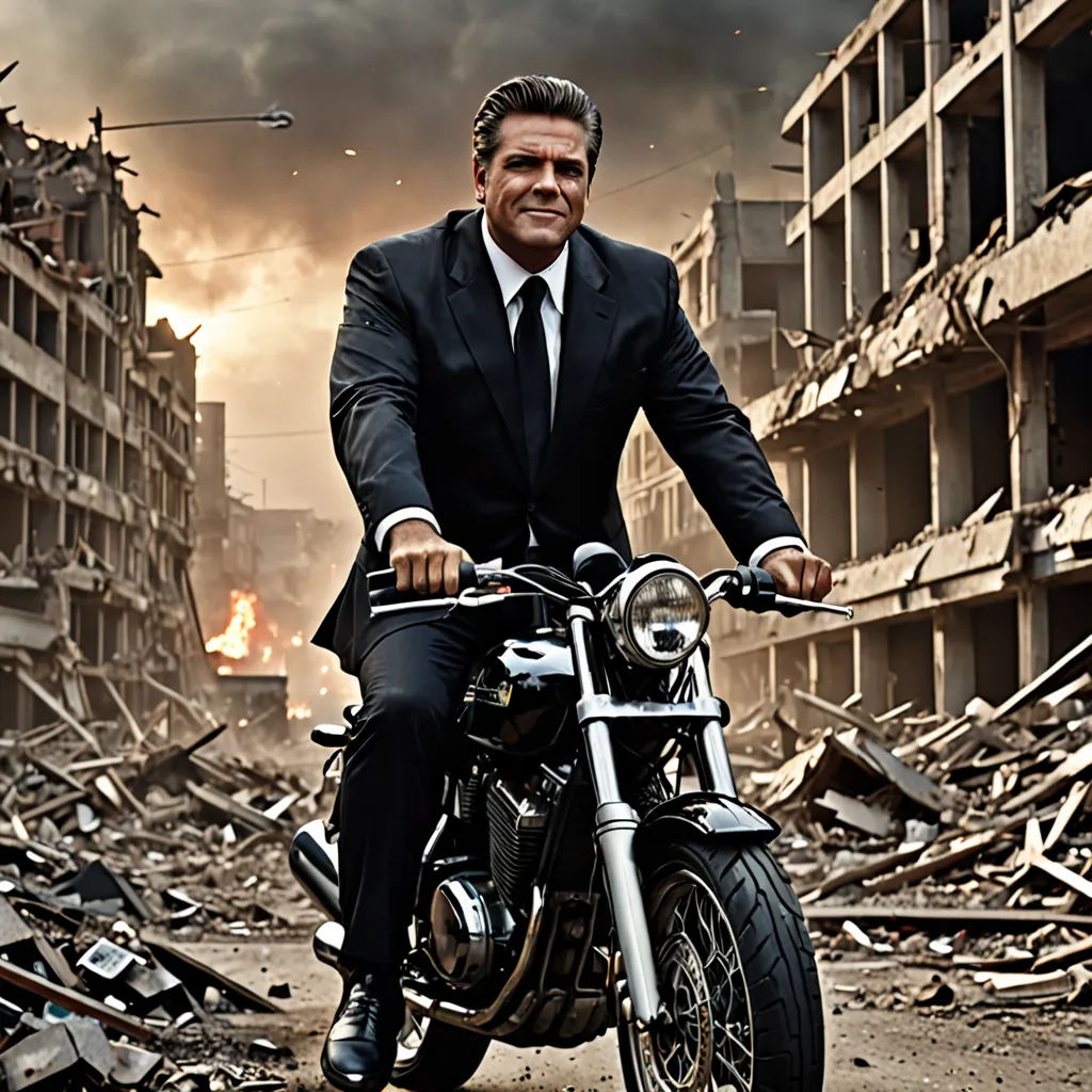 a man in a suit and tie riding a motorcycle in a destroyed city street with a building in the background, viennese actionism, a matte painting, Doug Ohlson, promotional image