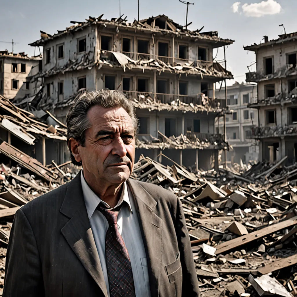 a man in a suit standing in front of a pile of rubble and buildings in a city with a sky background, neoplasticism, a character portrait, Constantine Andreou, award-winning photograph