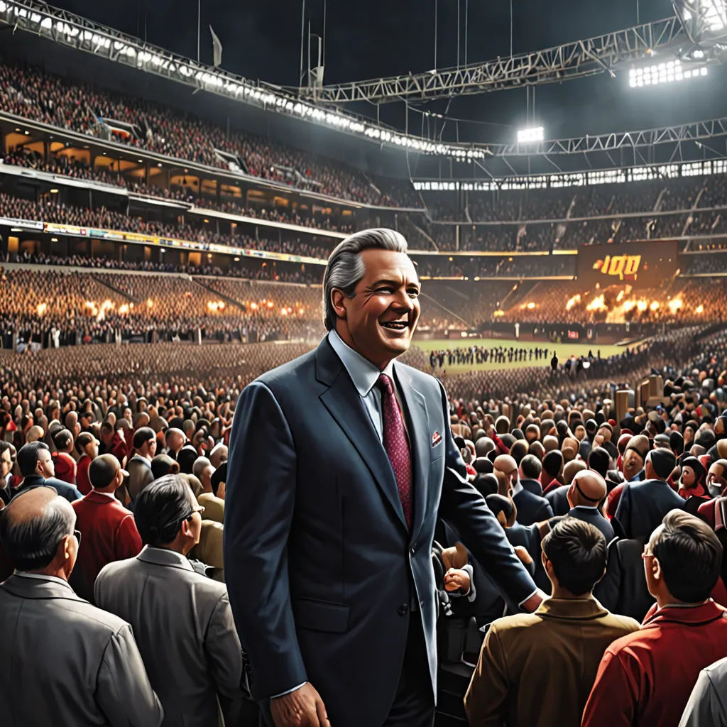 a man in a suit and tie standing in front of a crowd of people in a stadium with a stadium light, assemblage, a digital rendering, Doug Ohlson, promotional image