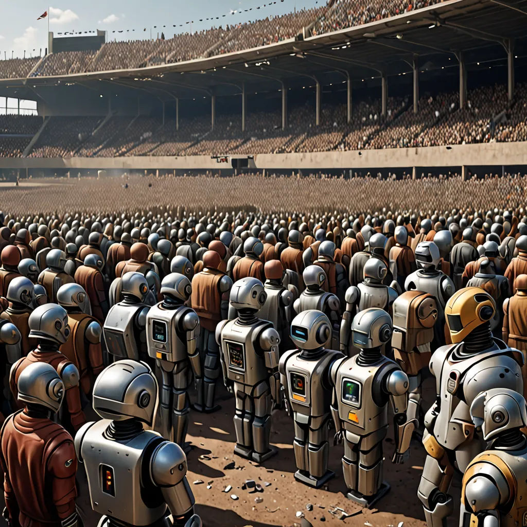 a large group of people in costumes standing in a stadium with a crowd of people in the background wearing helmets, antipodeans, a computer rendering, Beeple, unreal engine 5 rendered