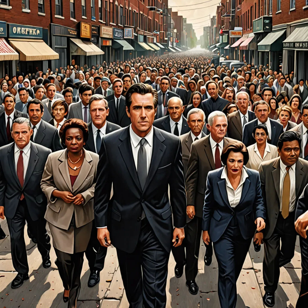 a large group of people walking down a street in suits and ties, all in suits and ties, all in suits, american realism, a matte painting, F. Scott Hess, epic composition