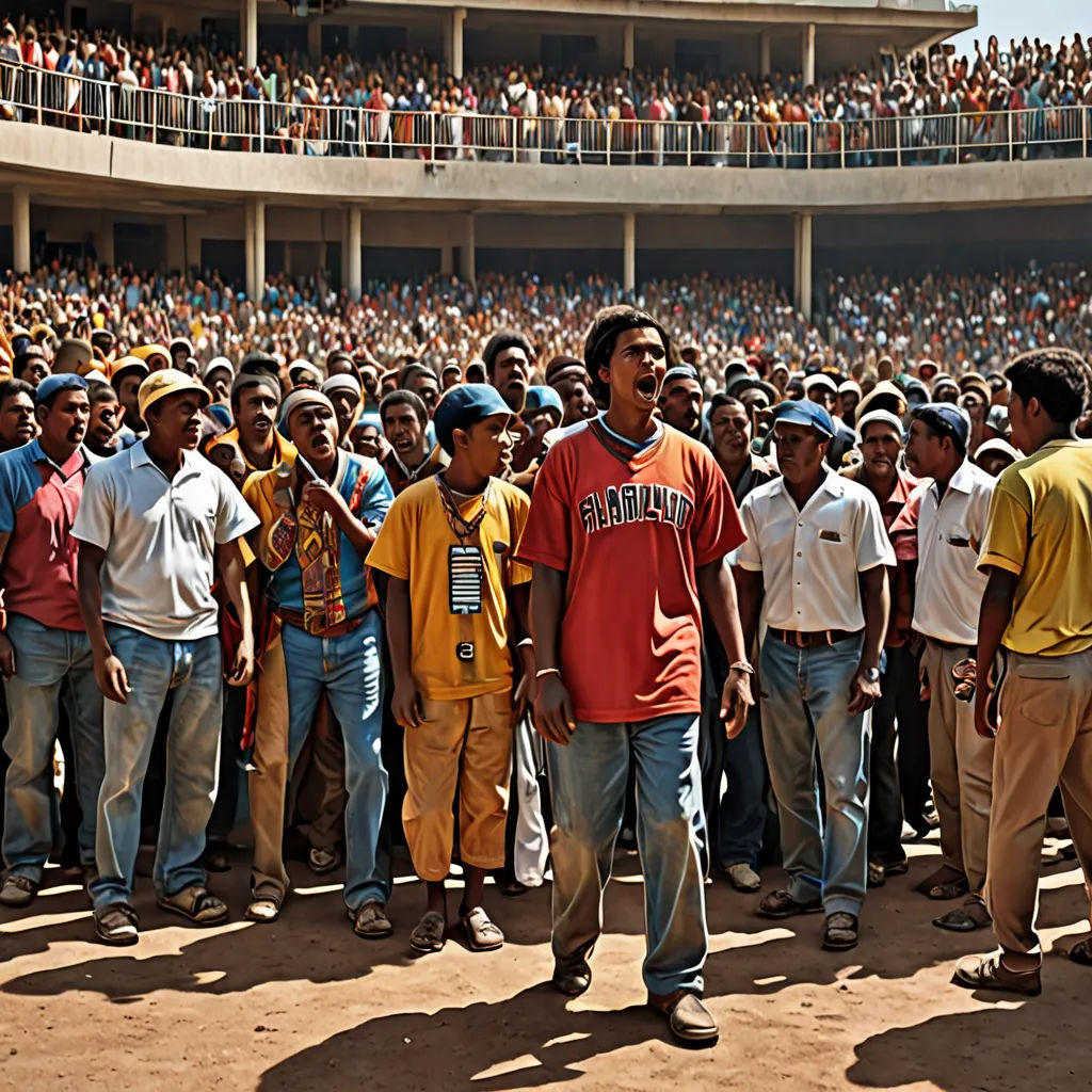 a group of people standing in front of a crowd of people in a stadium with a man in a red shirt, figuration libre, a photo, Afewerk Tekle, huge scene