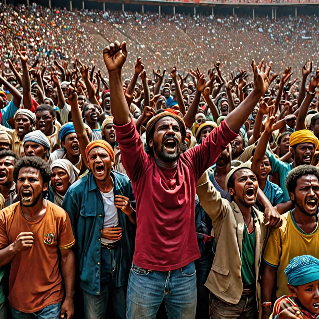 a man is standing in front of a crowd of people with his arms up in the air and his hands in the air, afrofuturism, a microscopic photo, Afewerk Tekle, award-winning photograph