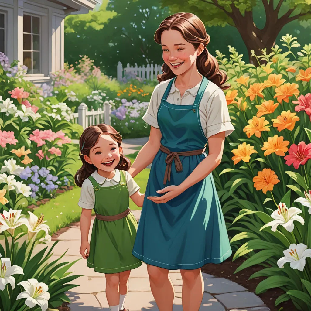a painting of a mother and daughter walking through a garden together, with flowers in the background and a house in the background, american scene painting, a storybook illustration, Brothers Hildebrandt, official art