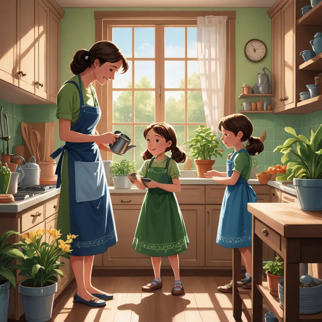 a woman and two girls in a kitchen with plants and pots on the counter top and a window behind them, american scene painting, a storybook illustration, Evgeny Lushpin, storybook illustration