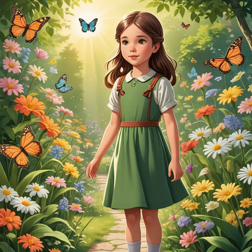 a girl in a green dress standing in a field of flowers with butterflies flying overhead and a path leading to the butterfly - filled area, magical realism, a storybook illustration, Alice Prin, storybook illustration