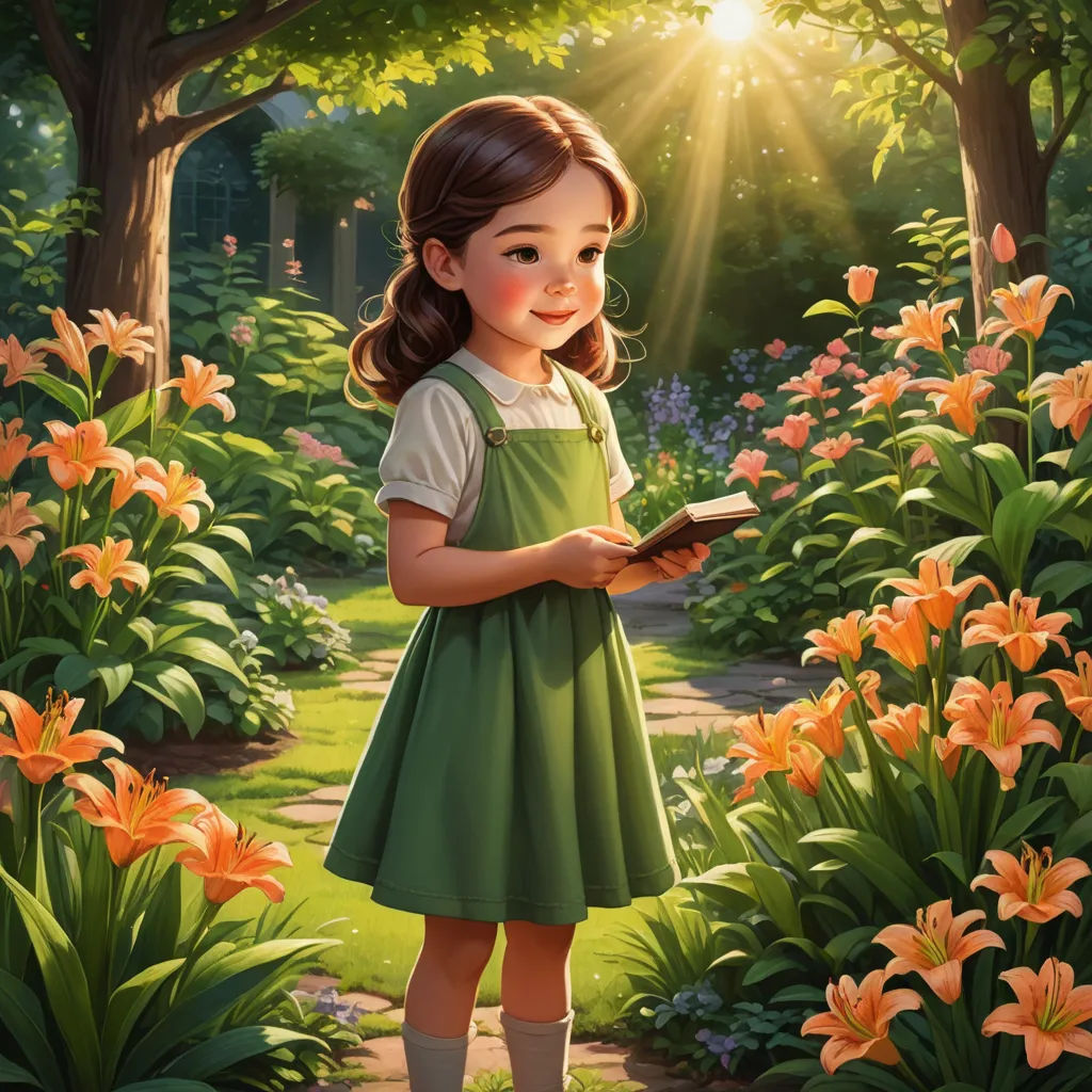 a painting of a little girl in a garden holding a book and looking at the viewer with a smile, american scene painting, a storybook illustration, Bob Byerley, official art