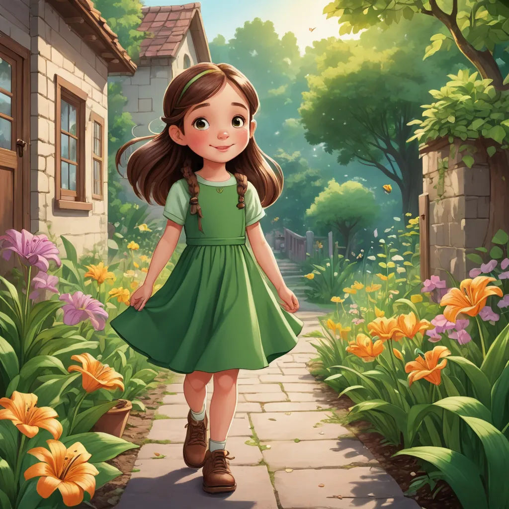a girl in a green dress walking down a path in a garden with flowers and a house in the background, fantasy art, a storybook illustration, Alice Prin, storybook illustration