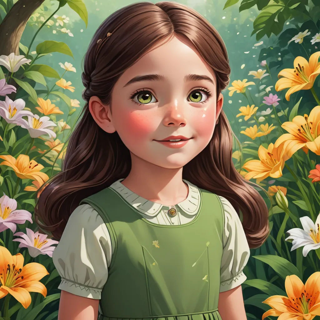 a painting of a girl in a green dress standing in a field of flowers with a butterfly on her forehead, fantasy art, a storybook illustration, Alice Prin, trending on art station