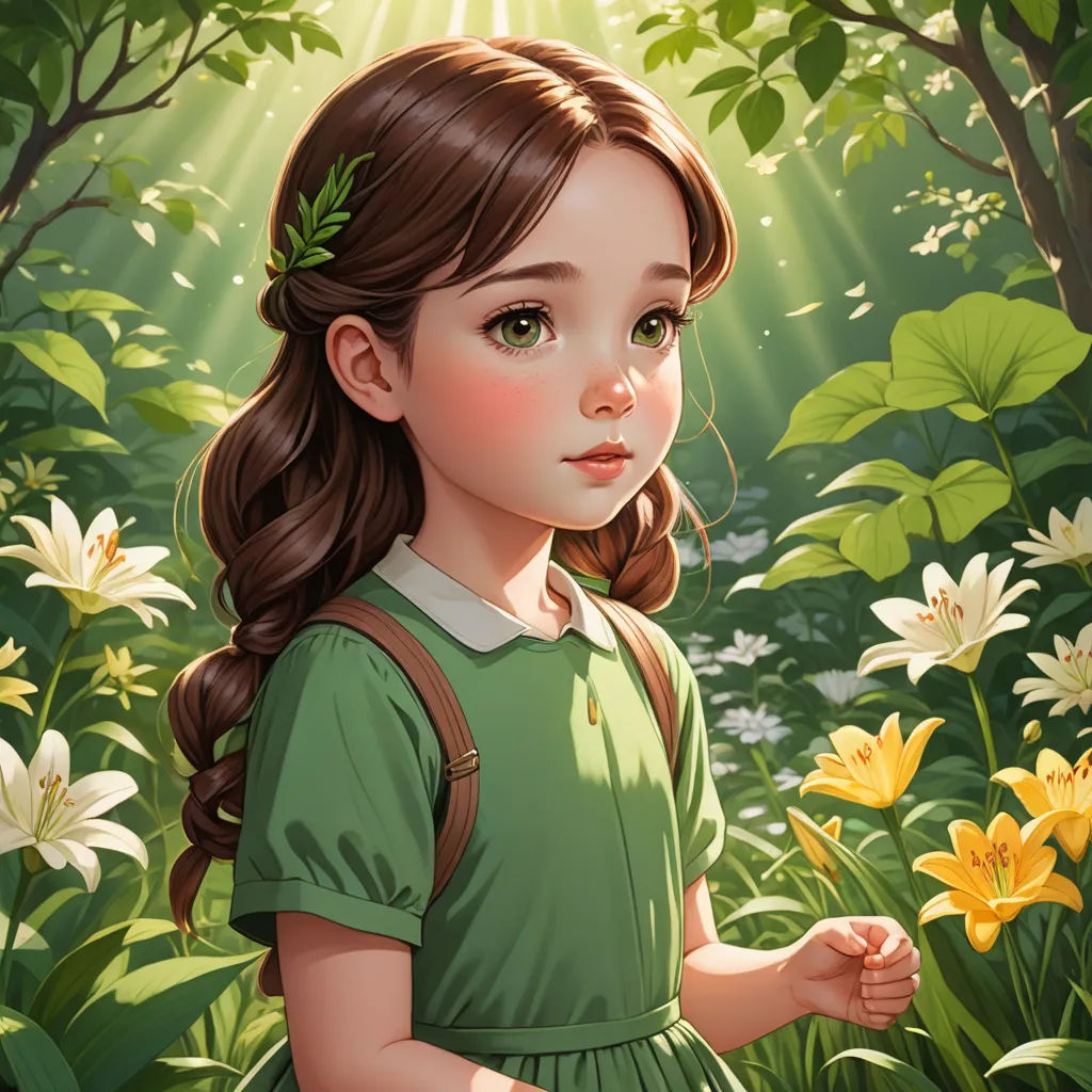 a girl in a green dress standing in a forest with flowers and sunbeams behind her, looking at the camera, fantasy art, a storybook illustration, Alice Prin, trending on art station