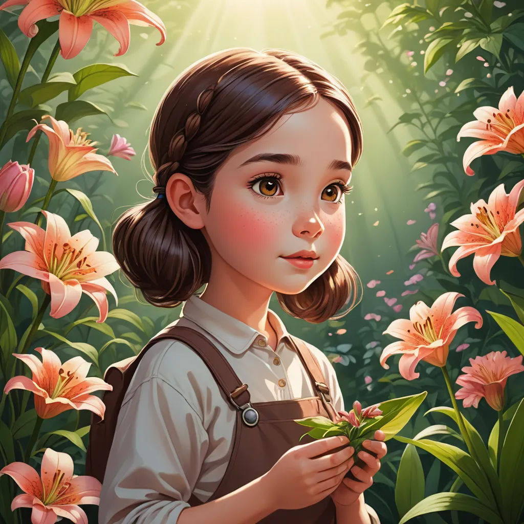 a painting of a girl holding a flower in a field of flowers with sunlight shining through the leaves of the flowers, fantasy art, a detailed painting, Alice Prin, trending on art station