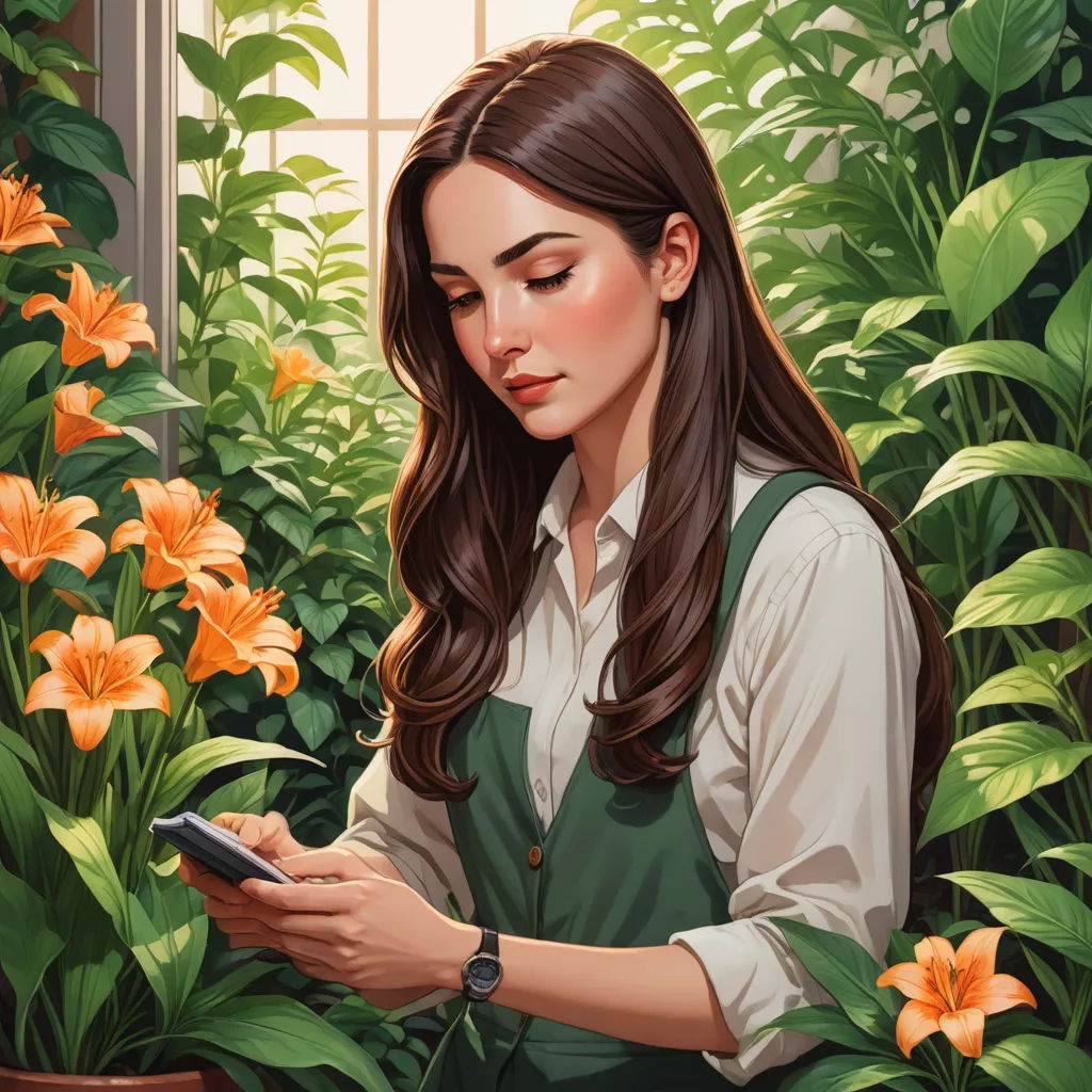 a painting of a woman in a garden looking at her phone while holding a plant in her hand and looking at the screen, fantasy art, a detailed painting, Atey Ghailan, highly detailed digital painting