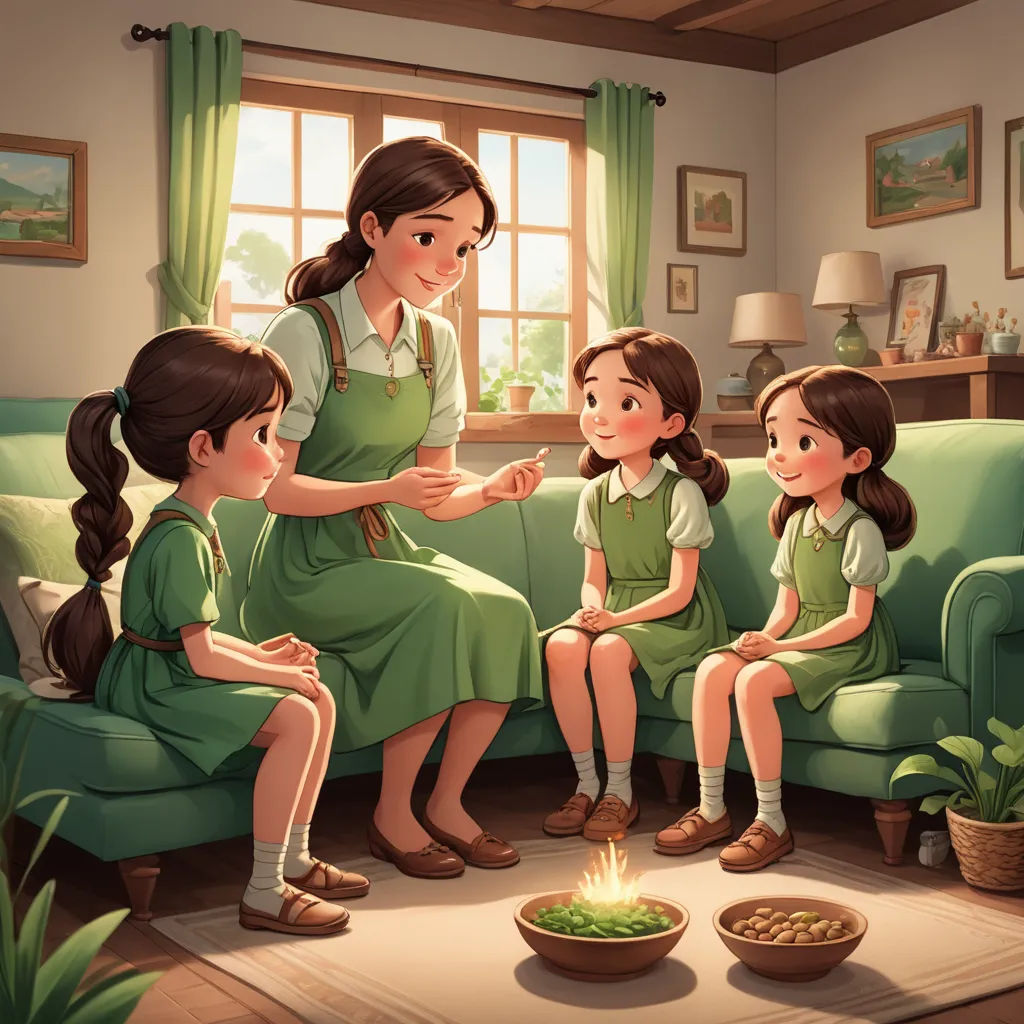 a woman sitting on a couch with three girls in front of her and a bowl of food on the floor, american scene painting, a storybook illustration, Byeon Sang-byeok, official art