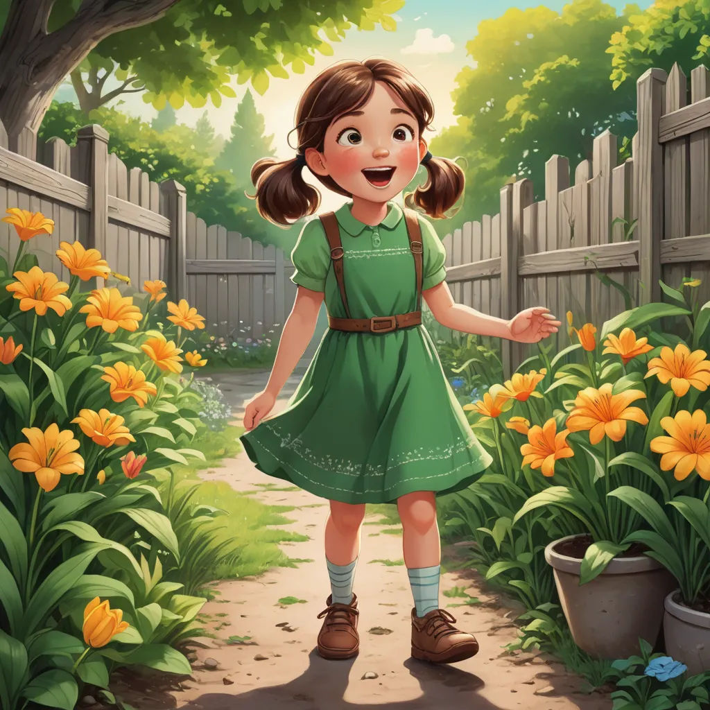 a girl in a green dress standing in a garden with yellow flowers and a fence in the background with a wooden fence, sots art, a storybook illustration, Anne Said, trending on art station