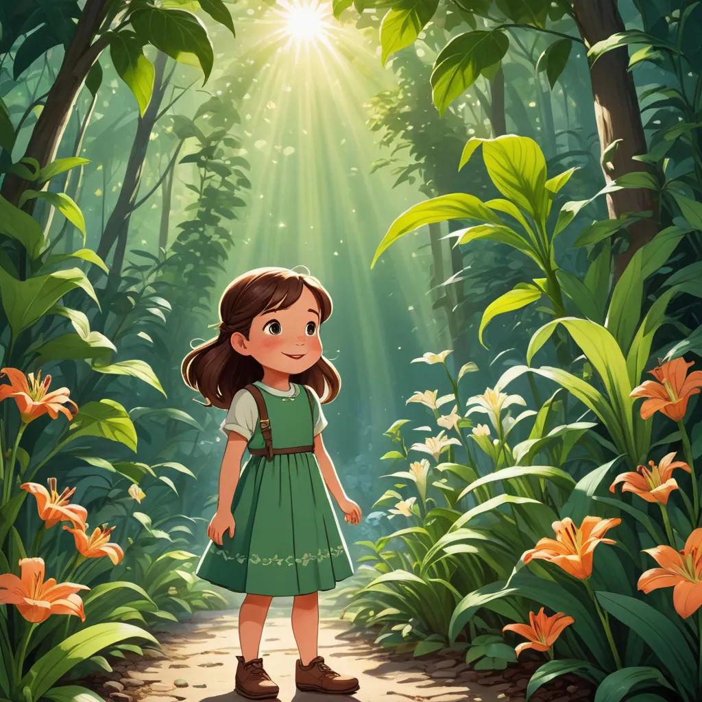 a girl in a green dress standing in a forest with flowers and sunlight shining through the trees and leaves, magical realism, a storybook illustration, Clarice Beckett, rossdraws global illumination
