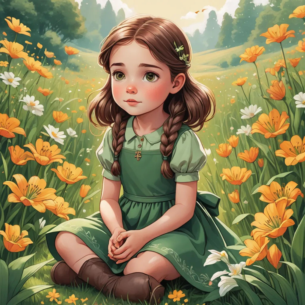 a little girl sitting in a field of flowers with a butterfly flying overhead in the background of the picture, fantasy art, a storybook illustration, Clarice Beckett, trending on art station