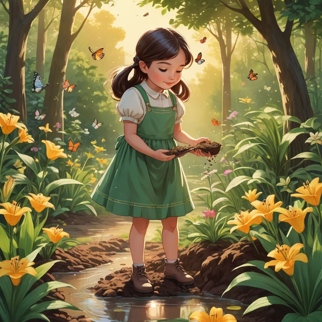 a painting of a girl in a green dress holding a bird in a forest with yellow flowers and butterflies, fantasy art, a storybook illustration, Cyril Rolando, trending on art station
