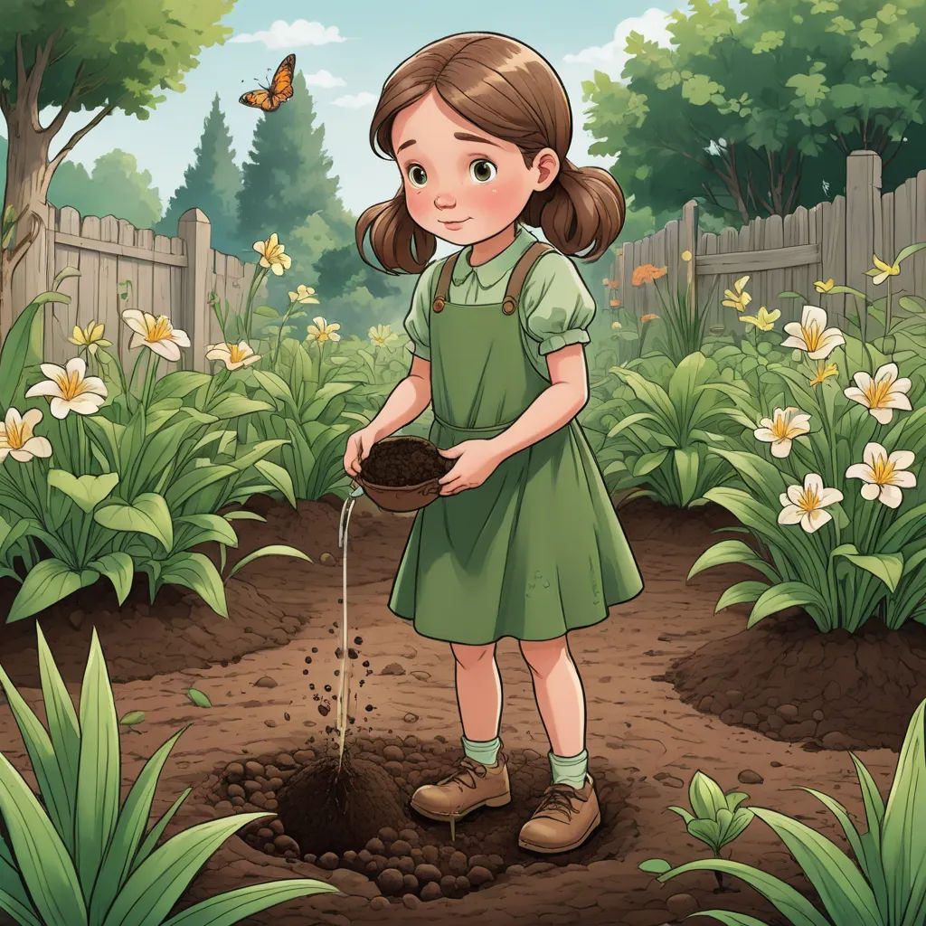 a girl is watering the soil in her garden with a butterfly flying overhead illustration by alex krapf, environmental art, a storybook illustration, Elinor Proby Adams, storybook illustration