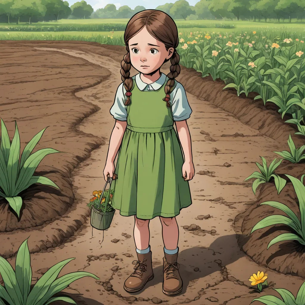 a girl in a green dress holding a flower pot in a field of flowers and plants with a path leading to the field, synthetism, a storybook illustration, Clarice Beckett, ghibli