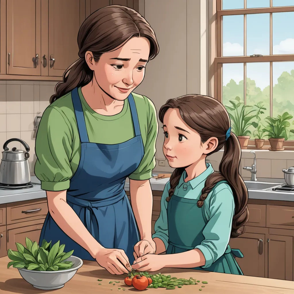 a woman and a girl are in the kitchen preparing food together, and the girl is cutting vegetables on the counter, remodernism, a storybook illustration, Anne Said, storybook illustration