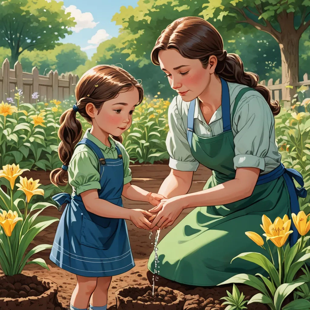 a painting of a mother and daughter in a garden watering flowers together with a fence in the background and a wooden fence in the foreground, american scene painting, a storybook illustration, Anne Said, official art