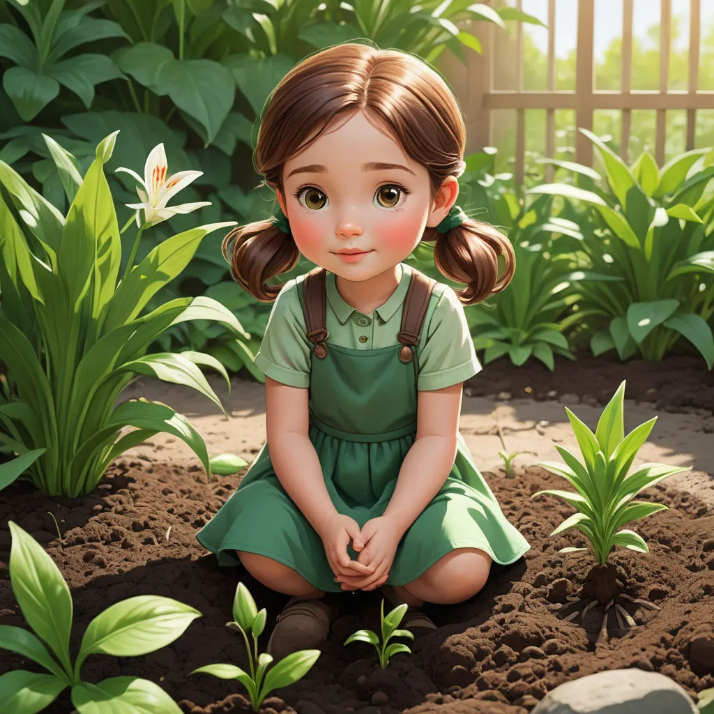 a painting of a little girl sitting in the dirt with plants around her and a fence in the background, photorealism, a storybook illustration, Alice Prin, cgstudio
