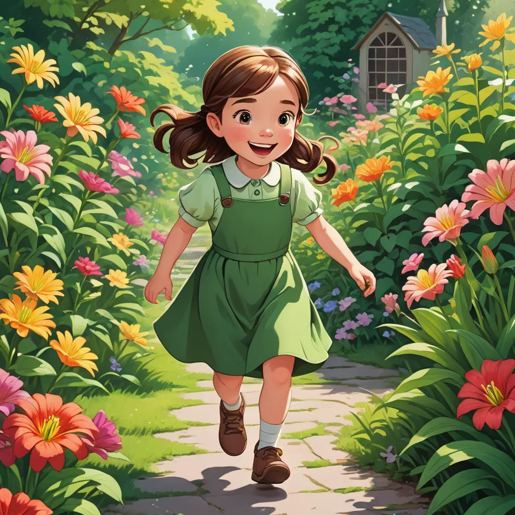 a girl in a green dress is walking through a garden with flowers and a house in the background illustration, fantasy art, a storybook illustration, Anne Said, official art