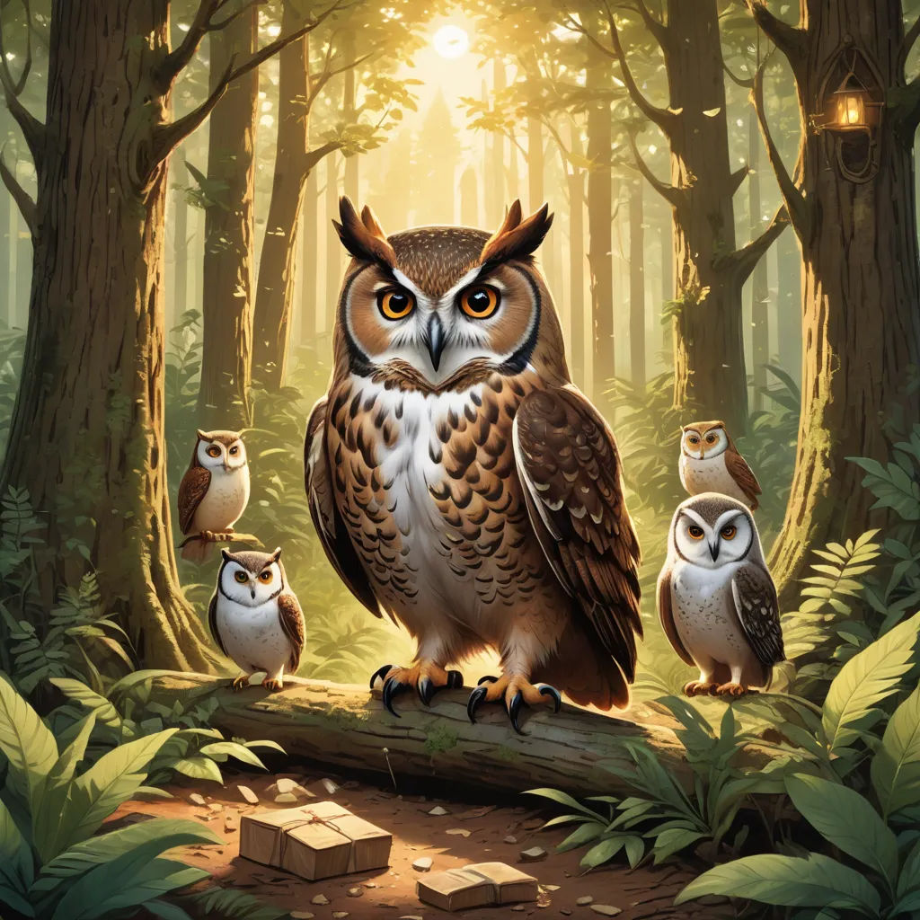 a painting of an owl with three owls sitting on a log in a forest with a bright light shining through the trees, fantasy art, a storybook illustration, Dan Mumford, magic the gathering artwork
