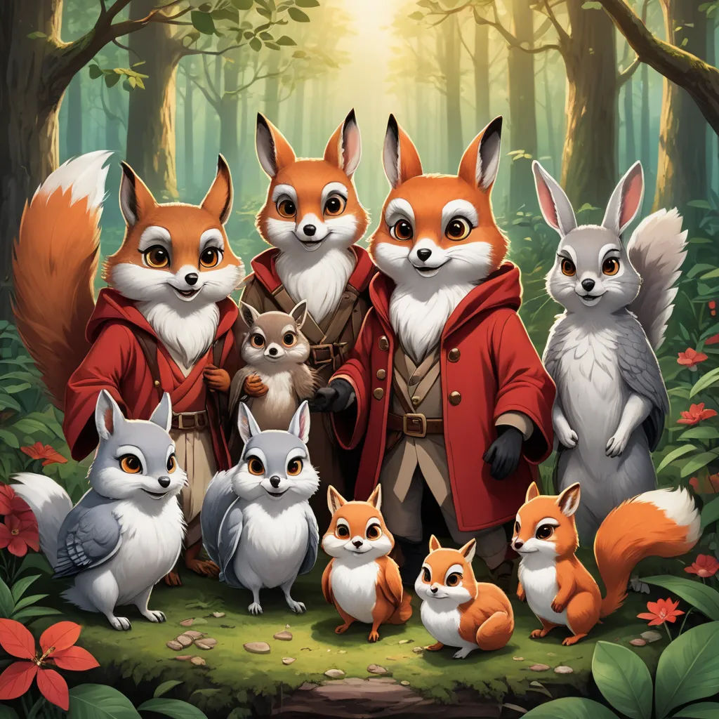 a painting of a group of foxes in a forest with a man in a red coat and a fox, furry art, a storybook illustration, Chris LaBrooy, key art