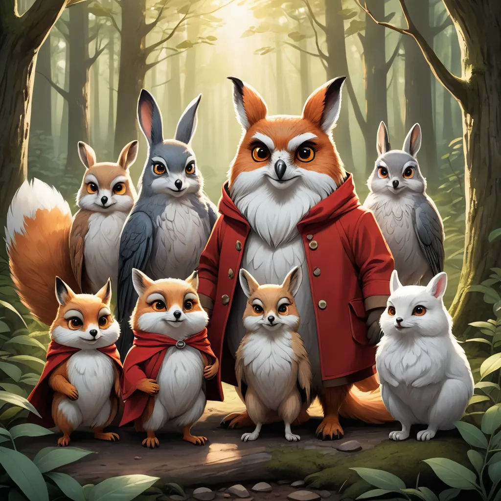 a painting of a fox family in the woods with a red coat and red scarf on, and a red coat on, furry art, poster art, Chris LaBrooy, key art