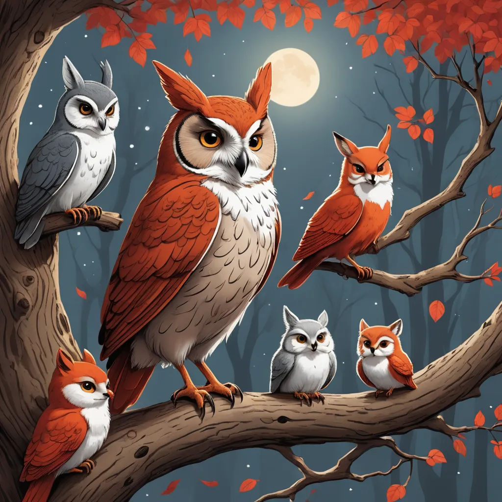 a painting of a family of owls sitting on a tree branch in front of a full moon and tree, fantasy art, a storybook illustration, Dan Mumford, highly detailed digital painting