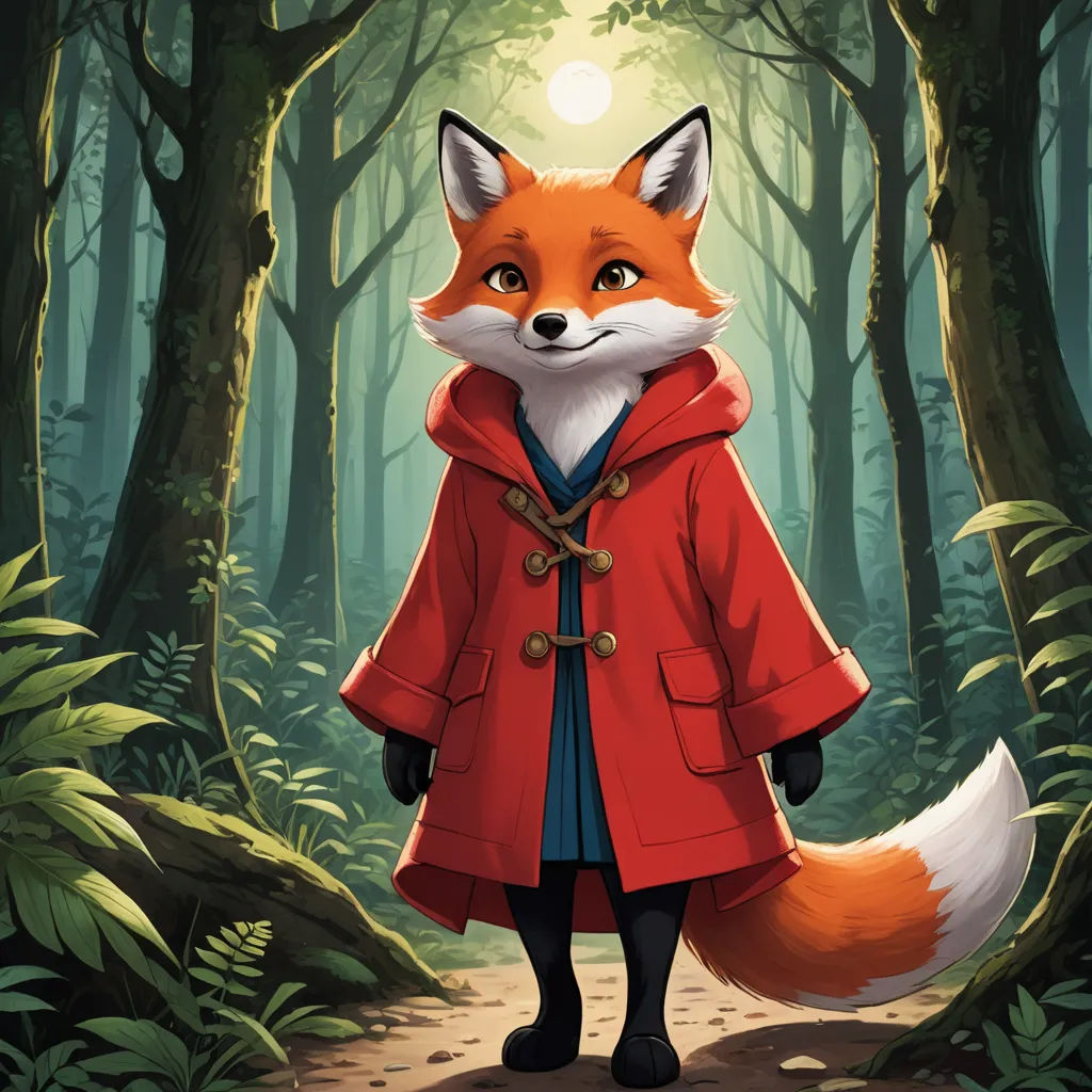 a fox in a red coat standing in a forest with a sun in the background and a path leading to it, furry art, a character portrait, Beatrix Potter, official art