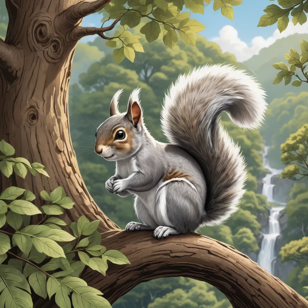 a squirrel sitting on a tree branch in a forest with a waterfall in the background and a waterfall in the background, fantasy art, a storybook illustration, Chris LaBrooy, storybook illustration