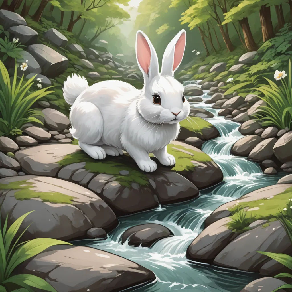 a white rabbit sitting on a rock in a forest by a stream of water with rocks and grass around it, fantasy art, a storybook illustration, Beatrix Potter, rossdraws global illumination