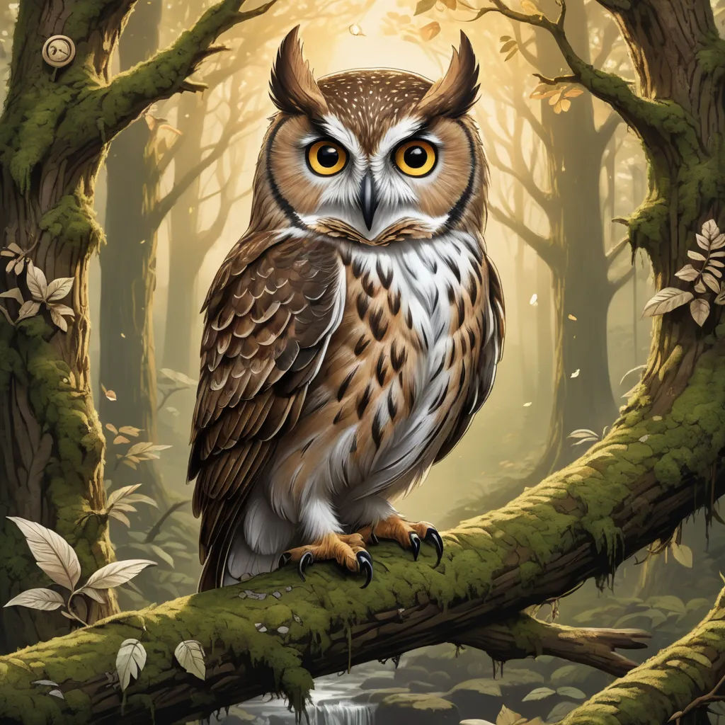 a painting of an owl sitting on a branch in a forest with mossy trees and leaves around it, fantasy art, a digital painting, Chris LaBrooy, highly detailed digital painting