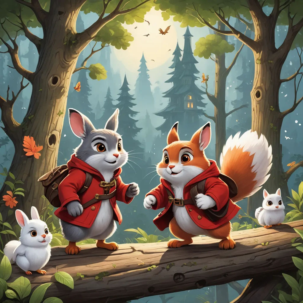 a painting of two squirrels on a log in the woods with a squirrel in the foreground and a squirrel in the background, sots art, a storybook illustration, Chris LaBrooy, key art