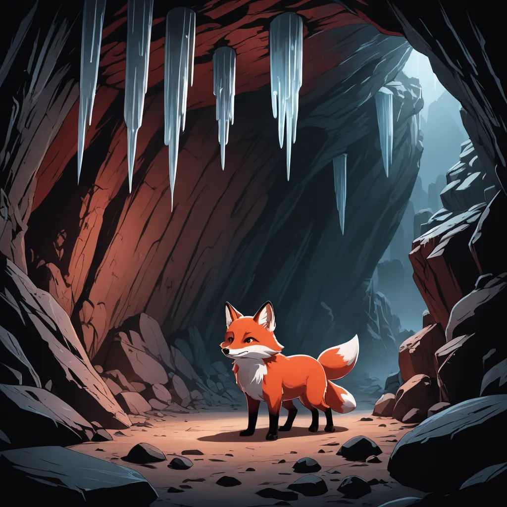 a fox standing in a cave with icicles hanging from the ceiling and a light on the ceiling above, furry art, a cave painting, Anton Fadeev, 2 d game art