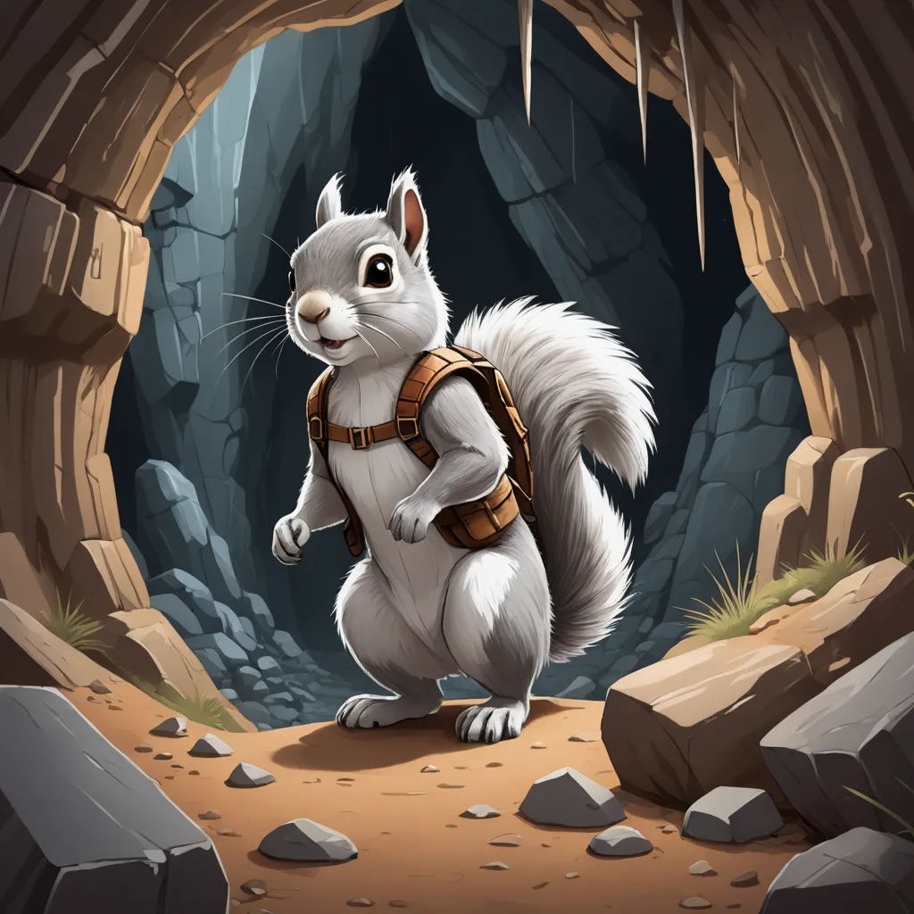 a squirrel in a cave with a backpack on his back and a rock in the background with a cave entrance, furry art, a character portrait, Chris LaBrooy, character portrait
