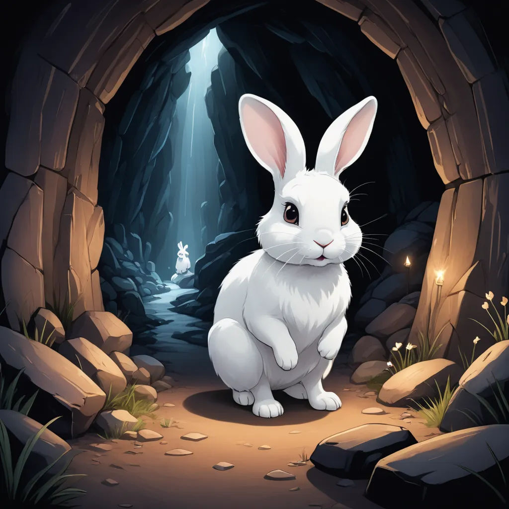 a white rabbit sitting in a cave with a light at the end of it's tunnel and a person in the background, fantasy art, a storybook illustration, Beatrix Potter, rossdraws global illumination