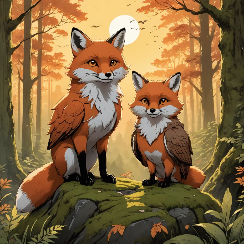 a couple of foxes sitting on top of a lush green forest next to a forest filled with trees and bushes, furry art, a storybook illustration, Dan Mumford, official art