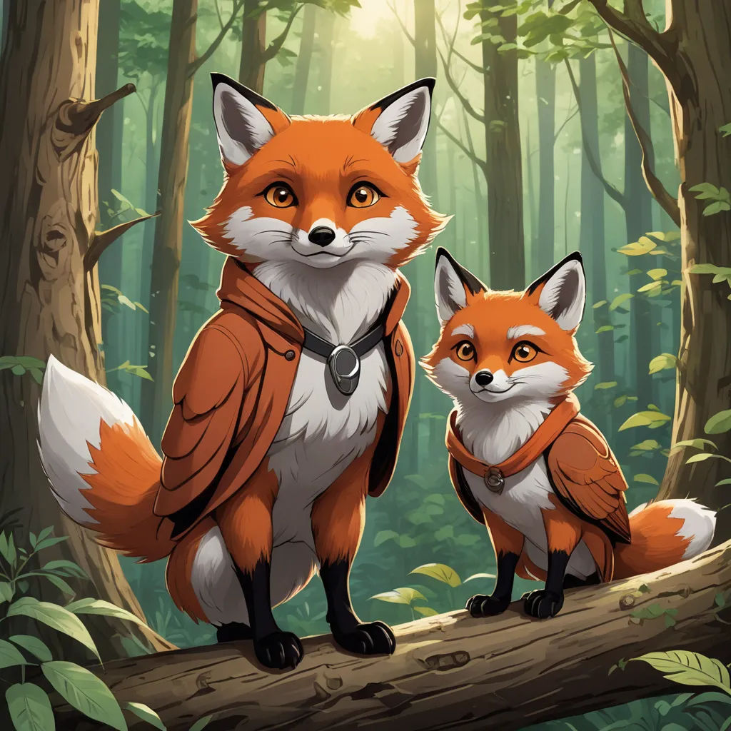 a couple of foxes standing on top of a tree branch in a forest with a forest background and sunlight coming through the trees, furry art, a storybook illustration, Dan Mumford, official art