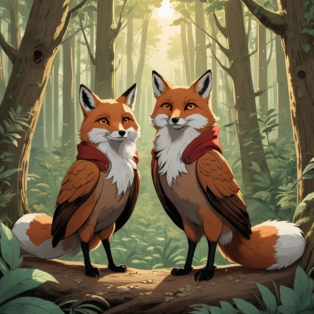 two foxes are standing on a log in the woods together, with the sun shining through the trees behind them, furry art, a storybook illustration, Dan Mumford, official art