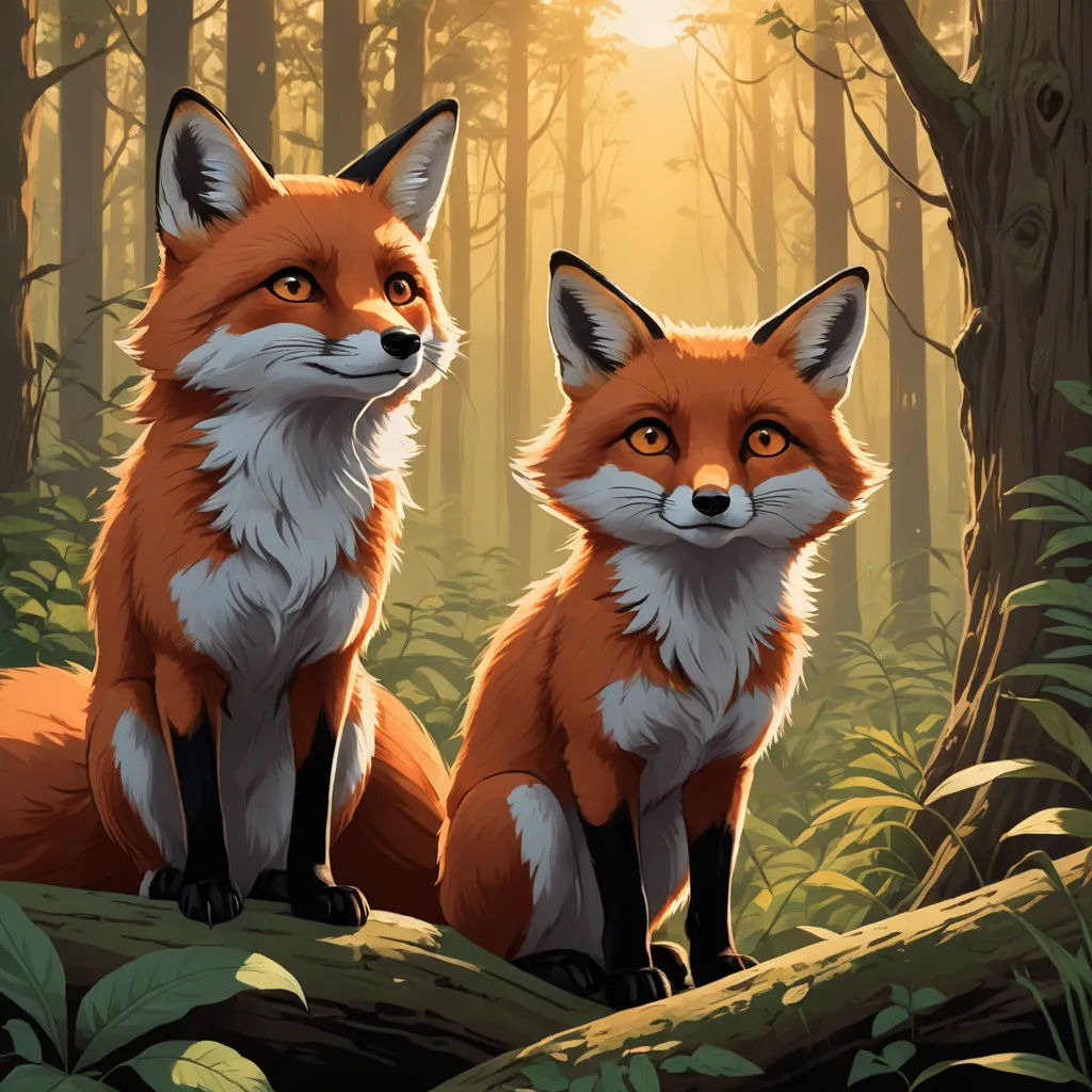 two foxes sitting on a log in a forest with sunlight coming through the trees and leaves on the ground, furry art, a digital painting, Dan Mumford, highly detailed digital painting
