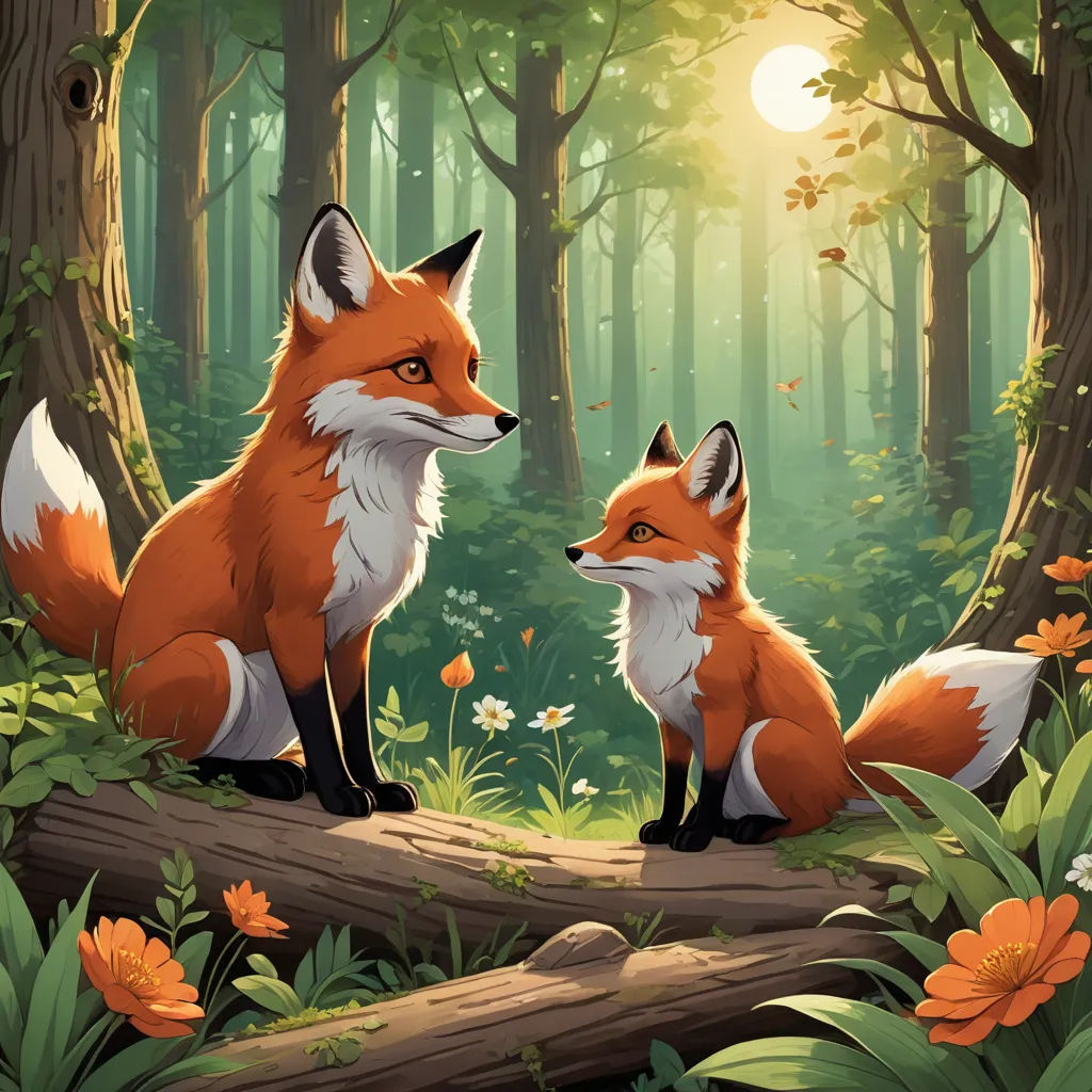 a painting of two foxes in a forest with flowers and trees in the background, one of them looking at the other, furry art, a storybook illustration, Dan Mumford, official art