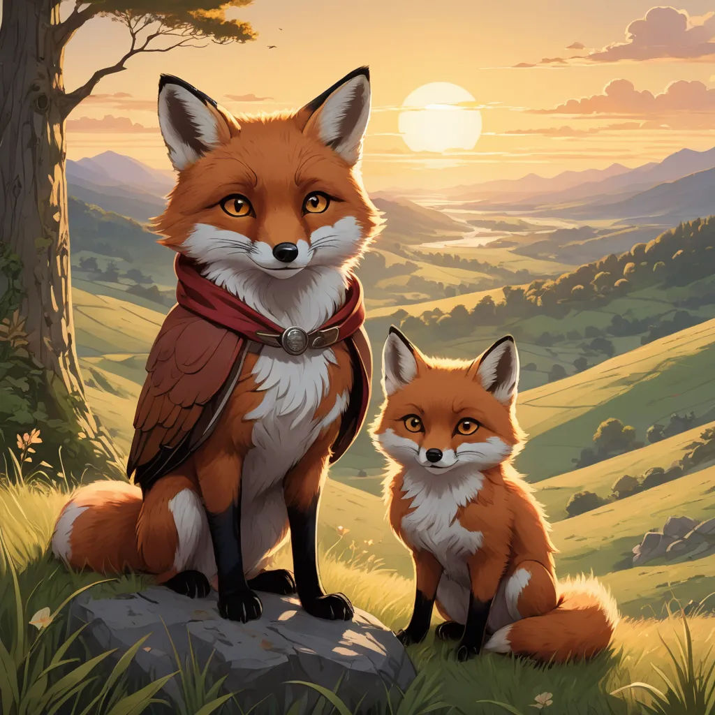 a painting of a fox and her cub sitting on a rock in a field at sunset with a view of the mountains, furry art, a storybook illustration, Brothers Hildebrandt, official art