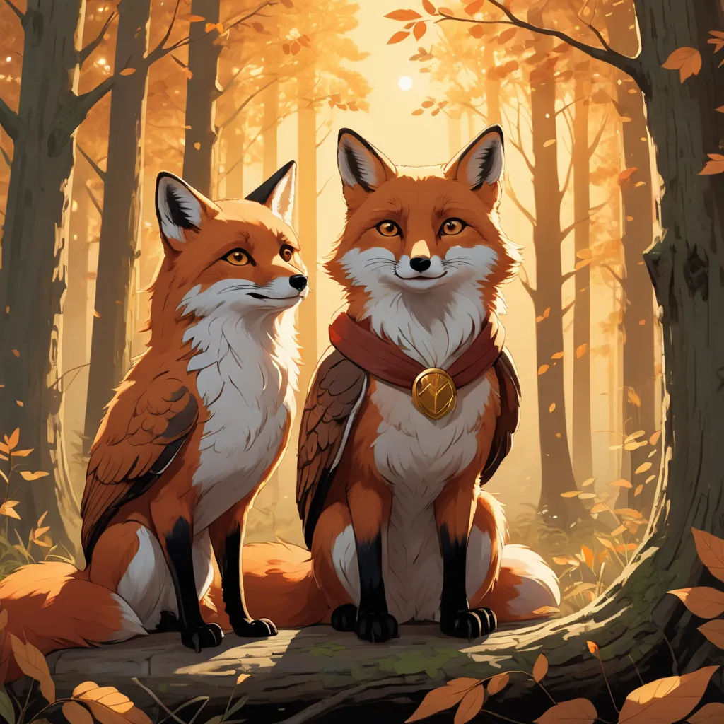 two foxes sitting on a log in a forest with leaves and trees around them, with a golden medal in their collar, furry art, a storybook illustration, Anato Finnstark, official art