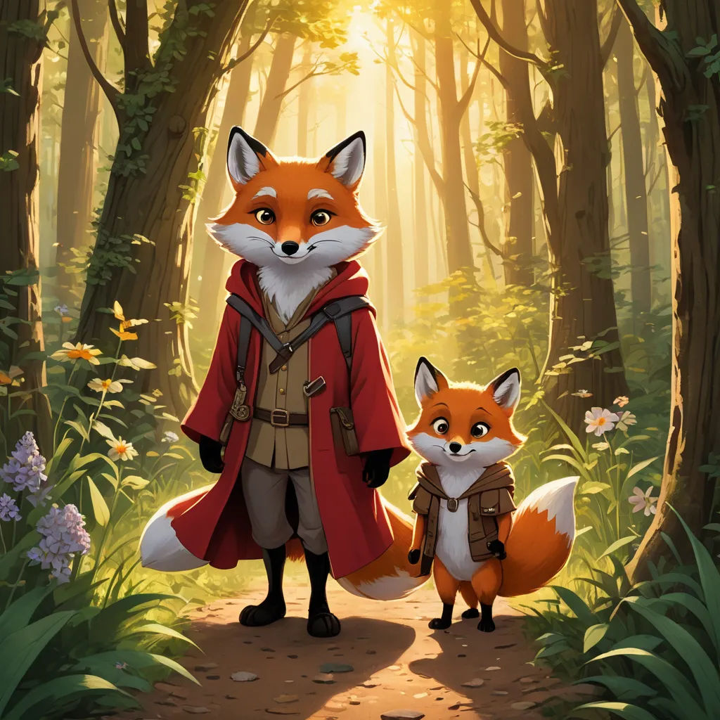 a painting of a fox and a fox cub in a forest with a red coat on and a red backpack on, furry art, a storybook illustration, Cliff Childs, official art