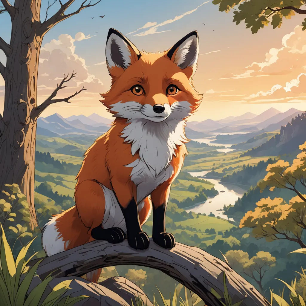 a fox sitting on a tree branch in a forest with a sunset in the background and a valley below, furry art, a storybook illustration, Chris LaBrooy, official art