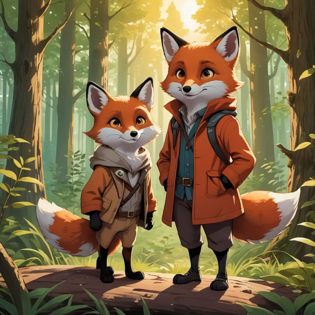 a couple of foxes standing next to each other in a forest with trees and bushes behind them, with a man in a red jacket and a backpack, furry art, a digital painting, Aaron Jasinski, official art