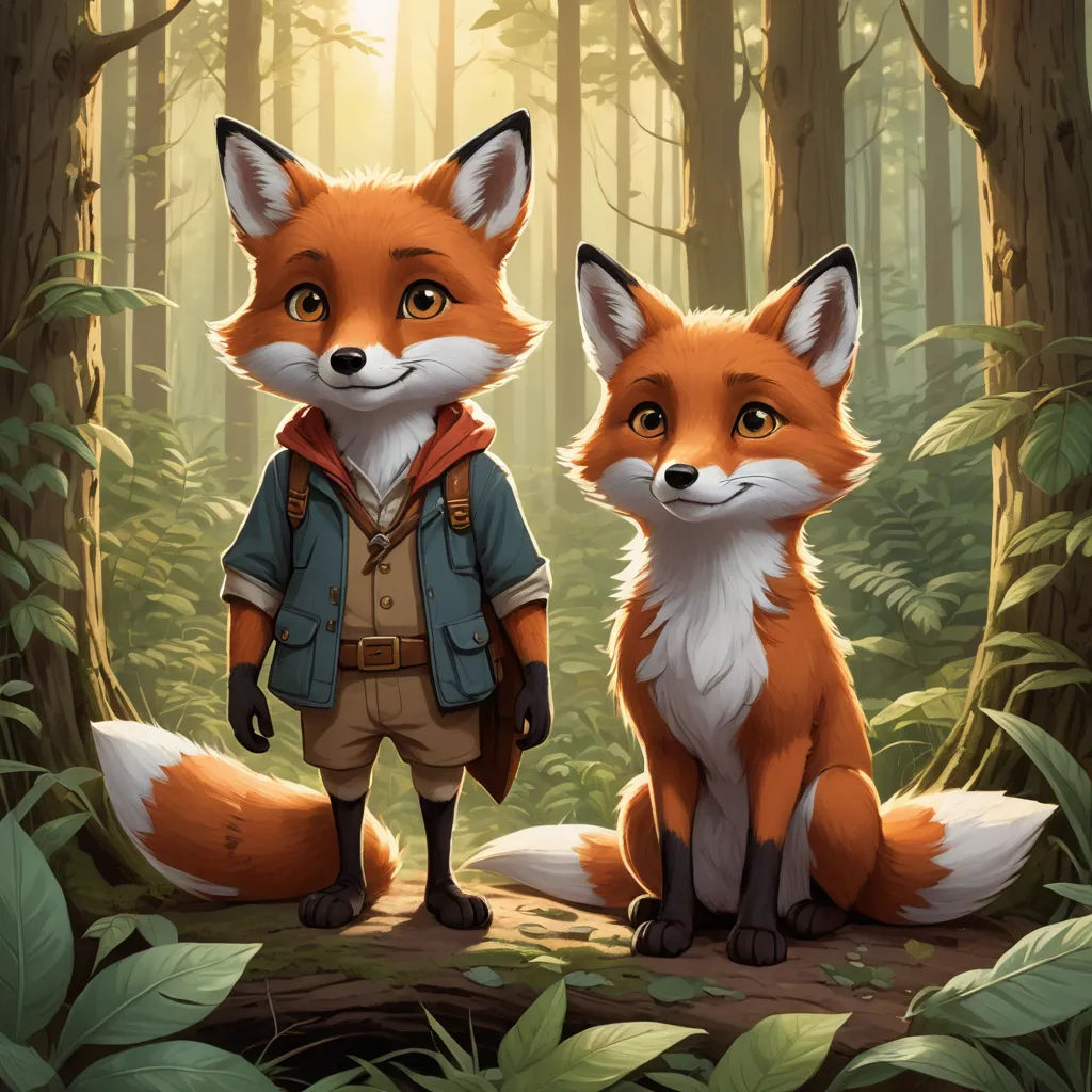 a couple of foxes standing next to each other in a forest with trees and leaves on the ground and a man in a blue jacket, furry art, a digital painting, Aaron Jasinski, official art